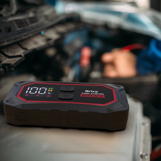 Brixy Jumpstarter voor Auto - 2200A / 16.000 mAH - 4-in-1 Starthulp - LED Zaklamp, SOS Noodlicht en Powerbank - Rood/Zwart