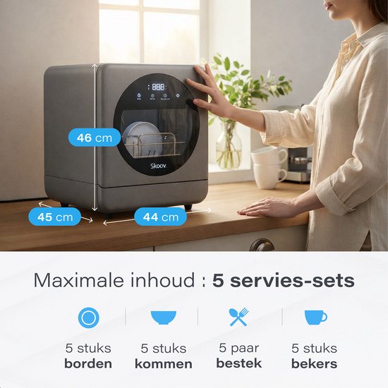 Skoov Mini Vaatwasser met waterreservoir - 5 couverts - 6 wasprogramma's - 45cm - Kleine smalle vrijstaande afwasmachine - Camping - Grijs