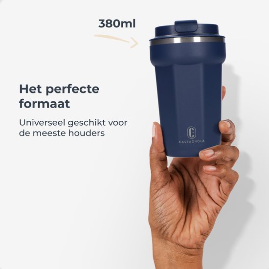 Castagnola Thermosbeker - Koffiebeker To Go - Travel Mug voor Koffie en Thee - Theebeker - 380 ML - RVS - Donkerblauw - Octagon