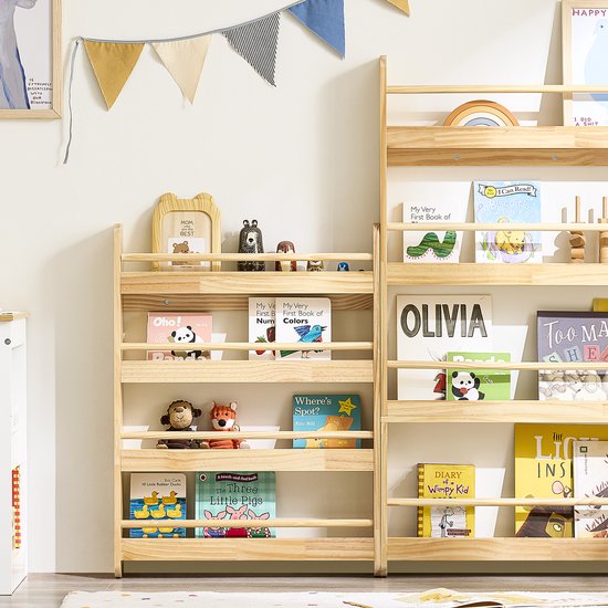 SoBuy KMB08-K-N Boekenkast voor kinderen, 4 niveaus, meubels, speelgoed, boekenkast, opbergkast, plank, slaapkamer, natuur, 60 x 12 x 80 cm