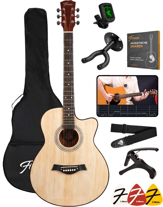 Finesse Akoestische Gitaar - met Videocursus - 4/4 40" - Western Gitaar - Gitaar Kind & Volwassenen - Naturel