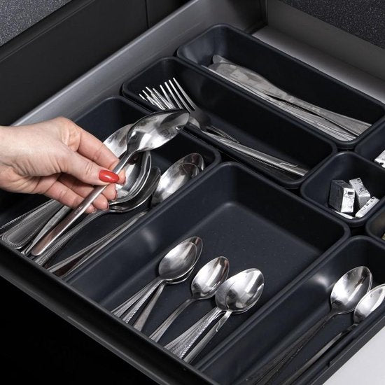 Springos Lade Organizer | Opbergbakjes | Lade Verdeler | voor Keuken en Bureau | Badkamer | Lade Bakjes | Make Up Organizer | 8 delen | Antraciet