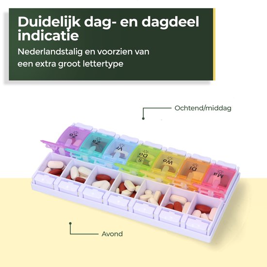 Gandria Pillendoos 7 Dagen - Pillendoosje - Pillendoosjes met 14 Compartimenten - Medicijndoos met Stevige Sluiting - Grote vakken - Verschillende kleuren