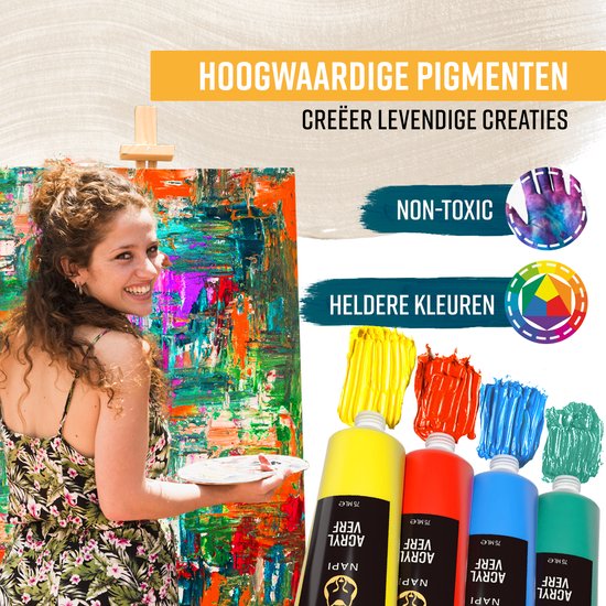 NAPI Acrylverf 12x75 ML - Grote Flessen - Inclusief Kleurencirkel - Voordeel Set - Hobbyverf - Schilderen Acryl Verf - 12 Kleuren