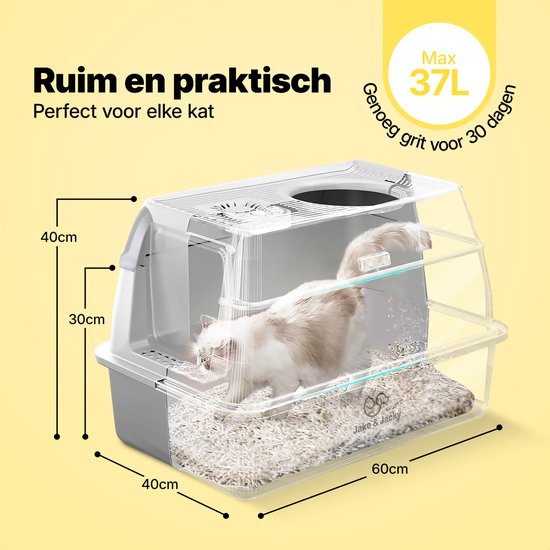 Jake and Jacky RVS Kattenbak Hop In - Kattentoilet Roestvrijstaal - Incl. Kattenbakschep met Houder en Gritopvang Opstapje - Top Entry - 3 in 1 Open Kattenbak met Afneembare Deksel - 60x40x38cm