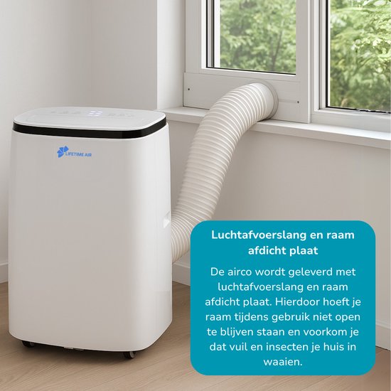 Lifetime Air Mobiele Airco – 14.000 BTU - Airconditioner incl. Raamafdichting kit - Airconditioning, Luchtontvochtiger en Ventilator - Air Conditioner met Slang – Verkoeling tot 96m3 – Timer en Afstandsbediening