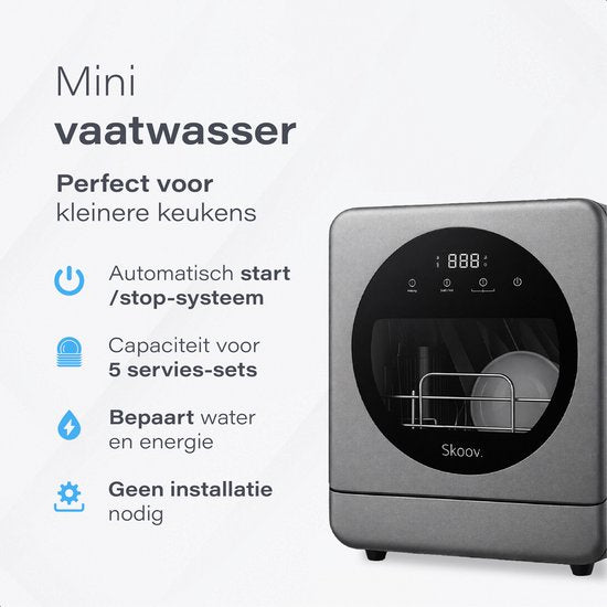 Skoov Mini Vaatwasser met waterreservoir - 5 couverts - 6 wasprogramma's - 45cm - Kleine smalle vrijstaande afwasmachine - Camping - Grijs