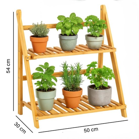 Ceruzo Plantenrek Bamboe – 2-Laags Plantenstandaard – 50x28x54 cm – Kruidenrek– Naturel