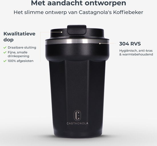 Castagnola Thermosbeker - Koffiebeker To Go - Travel Mug voor Koffie en Thee - Theebeker - 380 ML - RVS - Zwart - Octagon