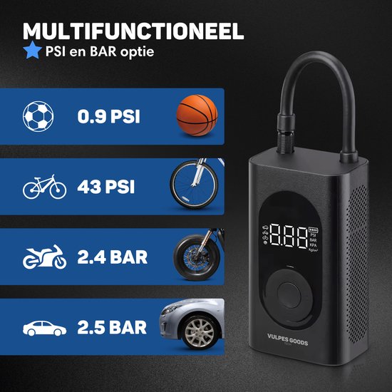 Vulpes Goods® Tech - Draagbare Compressor Bandenpomp - 6400mAh - Elektrische Fietspomp - Luchtcompressor voor Auto, Scooter, Fiets, Bal en Luchtbed - Incl. 7 opzetstukken - Zaklamp - Powerbank - Reiskoffer - PRO