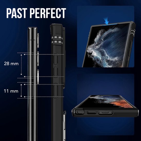 Podec Hoesje met Screenprotector - Geschikt voor Samsung Galaxy S23 Ultra - Zwart Telefoonhoesje - Anti-Shock Case - Hybrid Armor Hoes met Kickstand Ring