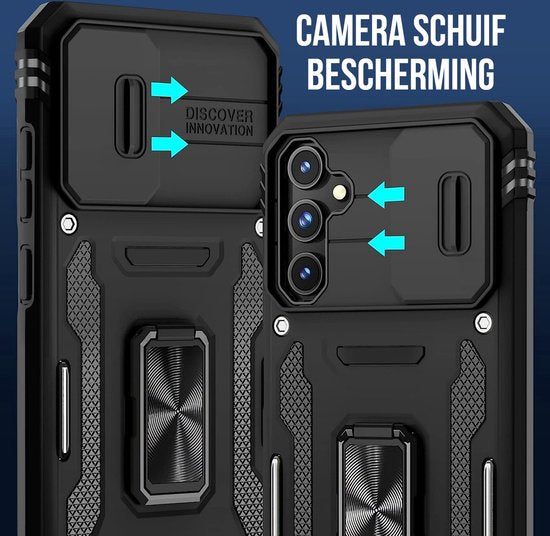 Podec Hoesje geschikt voor Samsung Galaxy A56 / A36 / A37 - Zwart Telefoonhoesje - Anti-Shock Case Cover - Hybrid Armor Hoes met Kickstand Ring met Screenprotector