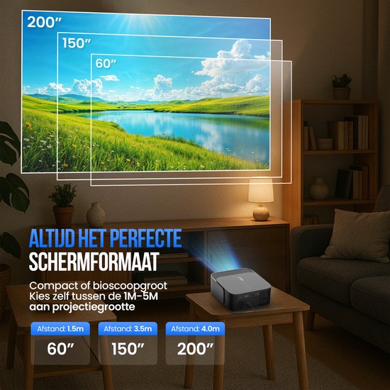 Strex Beamer - Smart 1080P Full HD Projector - 4K Ondersteuning - WiFi & Bluetooth - Ingebouwde Speakers - Draagbare Mini Beamer Thuisbioscoop - WhaleOS - Inclusief Opbergtas