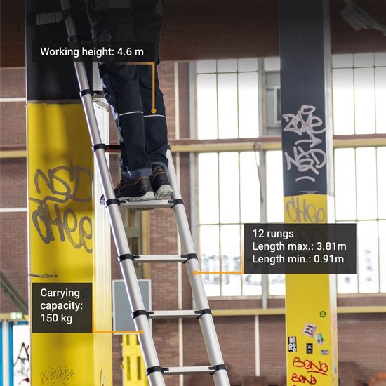 Batavia Telescopische ladder - 3,81 m - Geschikt voor binnen en buiten. licht, compact, aluminium constructie en veilig - Giraffe Air® Pro - Zwart met aluminium