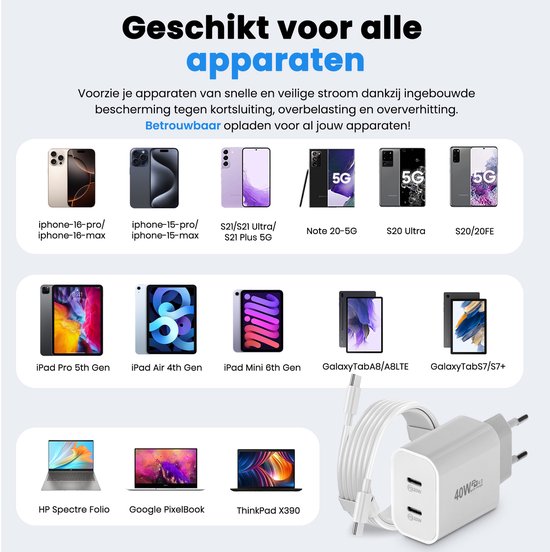 USB C Oplader - 40W - met 2x USB C naar USB C kabel - Snellader - 2 Oplaadpoorten - Wit - van Faas