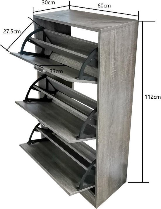 VVD Schoenen rek - 3 vakken met klepdeuren - grijs bruin kleurig - 30x112x60cm