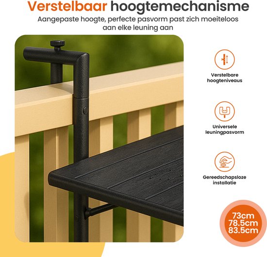 Goliving Balkontafel - Inklapbaar - Hangend - 60 x 40 cm - Verstelbaar in 3 hoogtes - Weerbestendig - 2 bekerhouders – Zwart