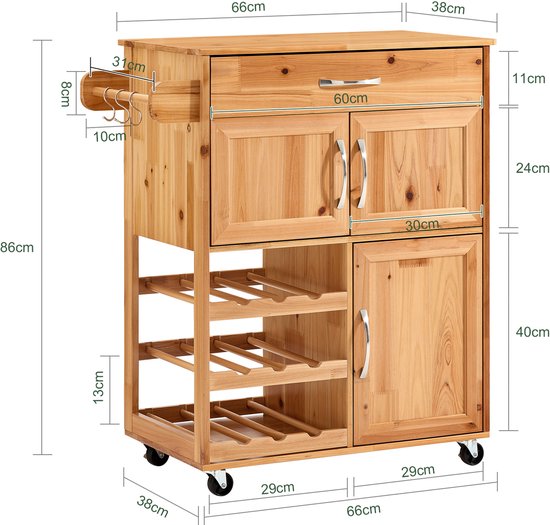 SoBuy Keukentrolley met Lades en Wijnrek, Keukenmeubel op Wieltjes met Werkblad, Compact Kookeiland, Natuurlijke kleur, 66×38×86 cm - FKW45-N