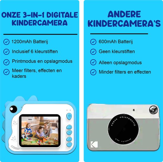 K&L® 3 IN 1 Digitale Kindercamera + Instant print + speelcamera - 32GB micro sd kaart - camera kinderen - Vlogcamera met games - Fototoestel voor Kinderen - Klein Formaat Speelgoed - Met videofunctie - Blauw