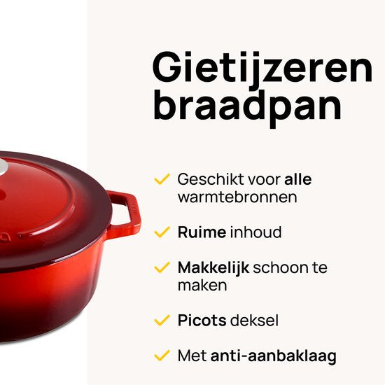 MOA Gietijzeren Braadpan - 7,2L Stoofpot - Voor Alle Warmtebronnen incl. Inductie - Met Deksel - Ø 30cm - Anti-Aanbaklaag - Rood