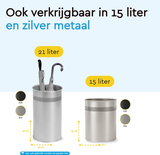 BRASQ Prullenbak Metaal Kantoor/ Thuisgebruik - Vuilnisbak - Afvalemmer - Papierbak - Rond - Prullenbakken - Zwart 21 liter