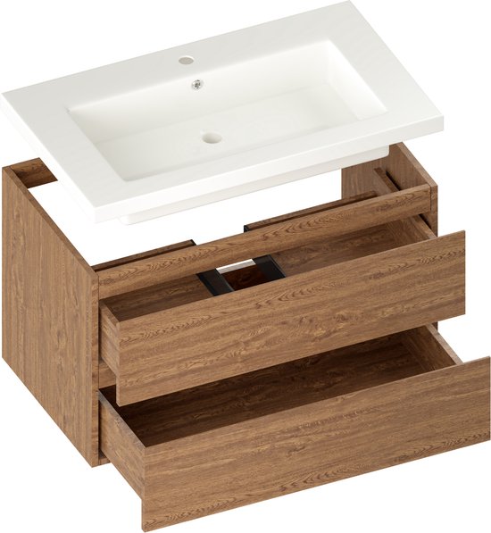 Mirlux Badkamermeubel Warm Eiken 80 cm - Wastafel Wit - Badmeubel set - Wastafelmeubel Warm Eiken