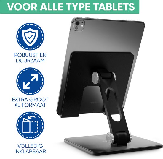 Serve Tablet Houder XL Opvouwbaar - Extra Stevig & Stabiel - Zwarte Inklapbare Standaard voor Tafel of Bureau - Zwart