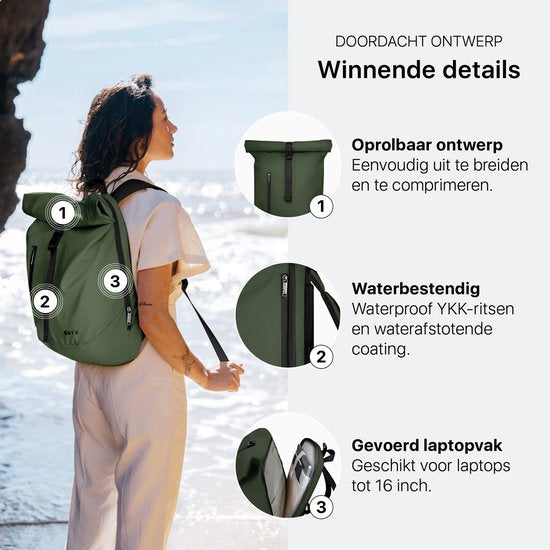 ONYX Rolltop PRO Rugzak 20 tot 30L - Met Laptopvak - Verstelbare Rugtas - Reistas - Waterbestendig en Duurzaam - Forest Green