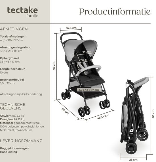 tectake® Buggy - Kinderwagen - Inklapbaar, 5-Puntsgordel, Verstelbare rugleuning en beensteun - Met rem, lichtlopende wielen - Praktische opbergmand - Zwart/grijs