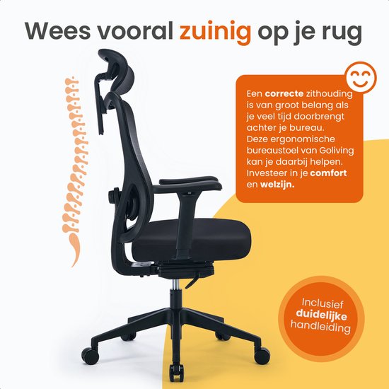 Goliving Ergonomische Bureaustoel - Office  Chair - Met Hoofdsteun - Kantoorstoel - Verstelbaar - Gaming - Voor Volwassenen - NEN-1335 - Zwart