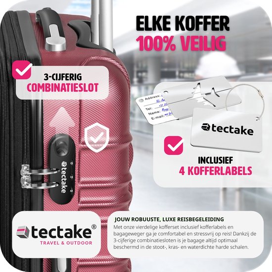tectake® - 4-delige kofferset met harde schaal - Reiskofferset met wielen - ABS - Telescopisch handvat en slot - Inclusief bagageweger - Trolleymaten S-M-L-XL - Rood
