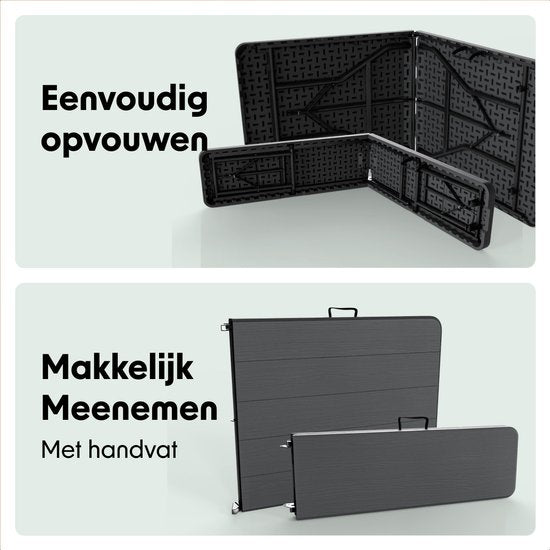 LifeGoods Inklapbare Picknickset – Voorzien Van Zwarte Houtnerf Look En Kofferontwerp En 2 Banken – Voor Tuin En Camping – Zwart HDPE En Staal – 180 x 74 cm