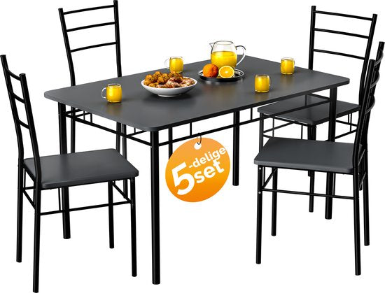 Casaria Eetkamerset Leo - 1x Eettafel 4x Stoel - Antraciet