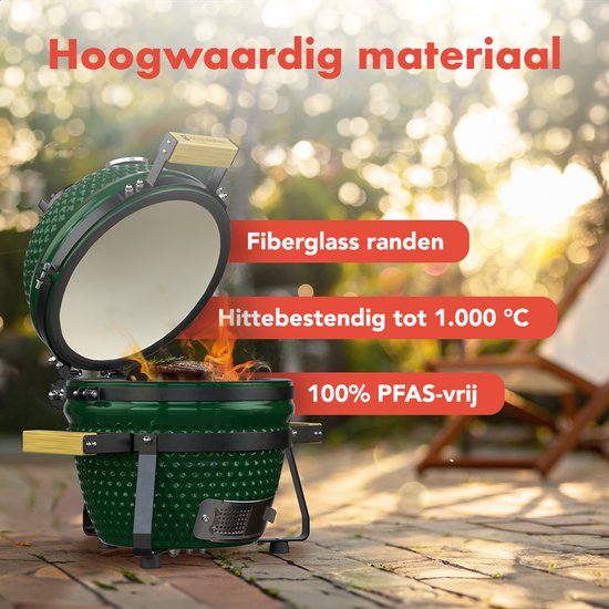 KitchenBrothers Kamado BBQ - 13 Inch Houtskool Barbecue - 27⌀ cm - PFAS-vrij - Deluxe Set - Egg BBQ met Accessoires inclusief Hoes - Groen