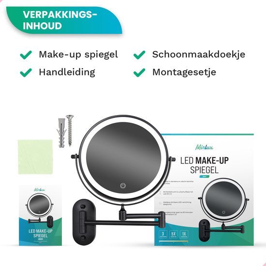 Make Up Spiegel met Led Verlichting - 5X Vergroting - Wandspiegel Rond - Scheerspiegel Wandmodel - Badkamer - Douche - Zwart
