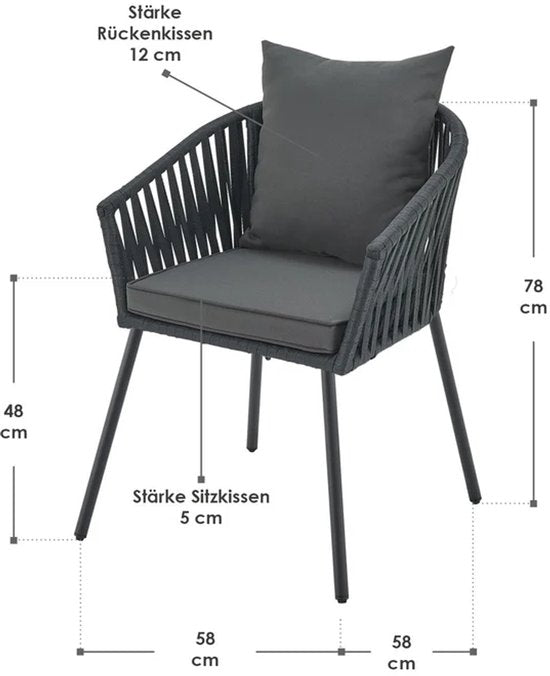 Juskys – Touwstoelen Set van 2 – 58 x 58 x 78 cm – Voorzien Van Afneembare Kussens En Elastisch Vlechtwerk – Voor Terras En Balkon – Donkergrijs Touw
