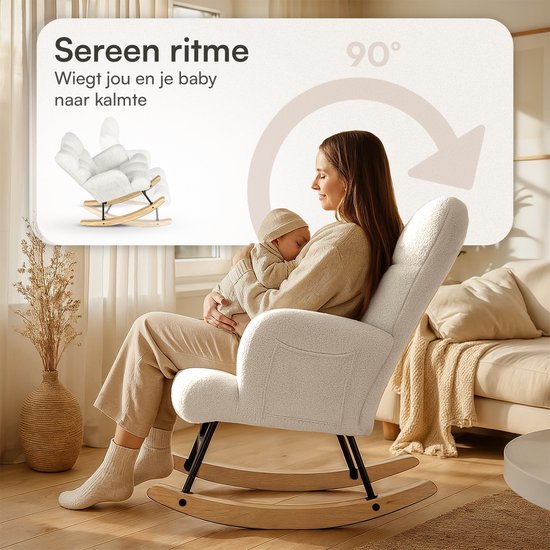 Flowsense Schommelstoel Teddy Wit - Schommelstoel Volwassenen Baby - Voedingsstoel Stoel Babykamer - Fauteuil met Armleuning Design - Relaxstoel - Relaxfauteuil
