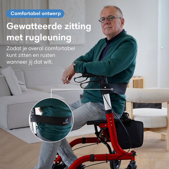 Safe Life® Rollator lichtgewicht en opvouwbaar - zitfunctie - voor binnen en buiten - Rugleuning en wandelstok houder - Rood