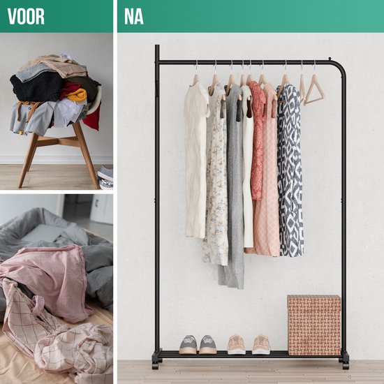 Avalo Kledingrek op Wieltjes Zwart - Metaal - 100x40x156 - Opbergruimte Voor Schoenen