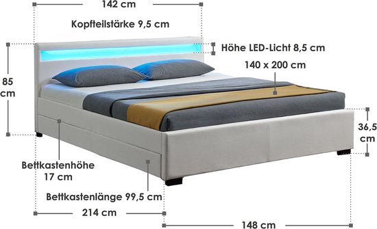 Juskys Gestoffeerd bed - 140 x 200 cm - Wit - LED Verlichting & Bedlades
