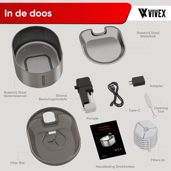 Vivex® Draadloze Drinkfontein - RVS - 4,5 Liter - Waterfontein voor Katten en Honden - Met Sensor en Accu - Incl. 6 Filters en cleaning - Fluisterstil