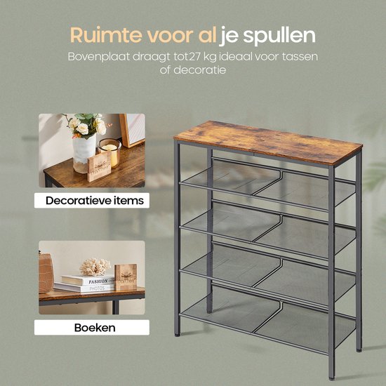 O'DADDY® Schoenenrek - 5 Laags - Schoenen Opbergsysteem - Schoenrek - Schoenenkast - Schoenkast - Industrieel Design - Bruin Hout - Zwart Metaal