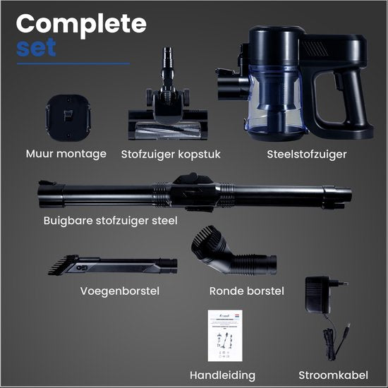Saaf G90 Steelstofzuiger – 250W – Steelstofzuiger Draadloos – Stofzuiger Zonder Zak – 7-delige set met Buigbare Steel – 30kPa – Kruimeldief – Zwart