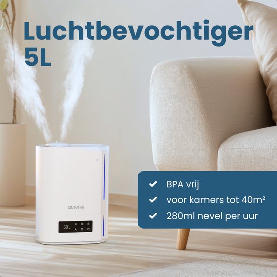 Auronic Luchtbevochtiger - 5 Liter - Geschikt voor Woonkamer, Kantoor, Slaapkamer, Babykamer en Meer - BPA-Vrij - Wit