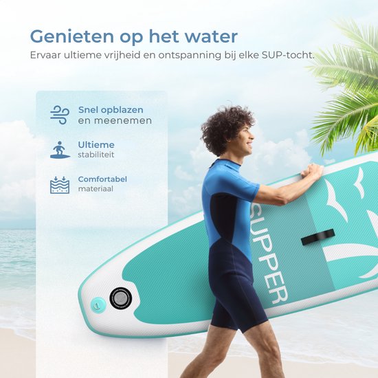 Supper Sup Board XL - Max. 220KG - Opblaasbaar – Paddle Board – Waterdicht Telefoonhoesje – Pomp – Vin – Leash – Draagtas – 335 x 81 cm - Turqoise