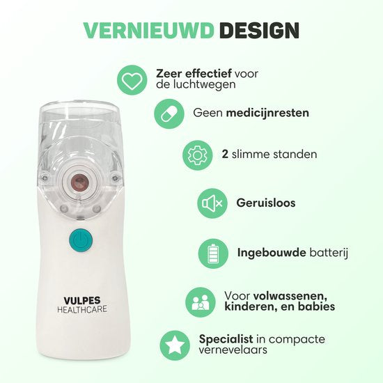 Vulpes Goods® HealthCare Aerosoltoestel – Ultrasone Inhalator – Nebulizer – Oplaadbaar – Incl. 4 Mondstukken