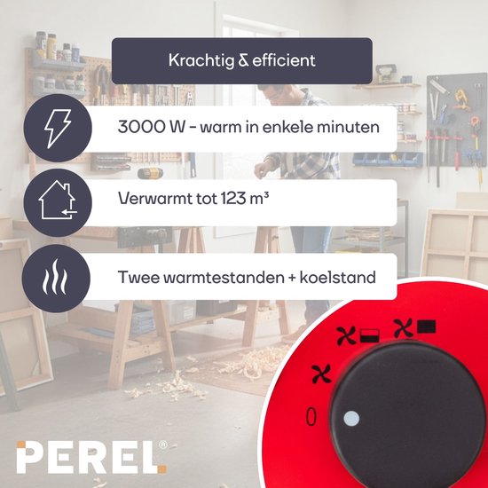 Perel Elektrische ventilatorkachel 3000W, 2 warmtestanden, thermostaat en koelstand, IP24, oververhittings- en kantelbeveiliging, compacte draagbare heater voor werkplaats, garage, schuur