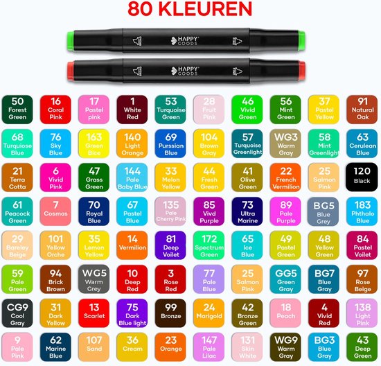 Happy Goods Twinmarkers - 80 Alcohol Markers - Markeerstiften - incl. Opbergtas - Stiften voor Volwassenen & Kinderen - Aquamarkers