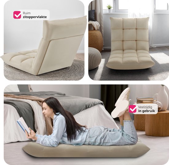 tectake® Relaxstoel XXL – Opvouwbare Vloerstoel – Verstelbare Rugleuning – Relax- & Meditatiestoel – Beige