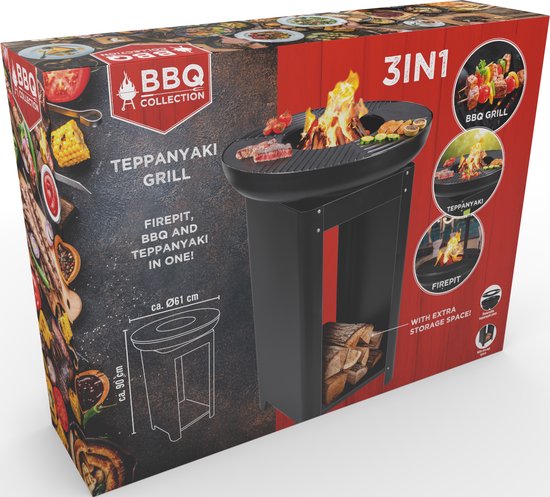BBQ Collection 3-in-1 Vuurkorf en Grillplaat - Tuinhaard 61 x 90 cm - met Teppanyaki Bakplaat - Plancha BBQ met Brandhout Opslagplaats - Vuurkorf voor Buiten - Metaal
